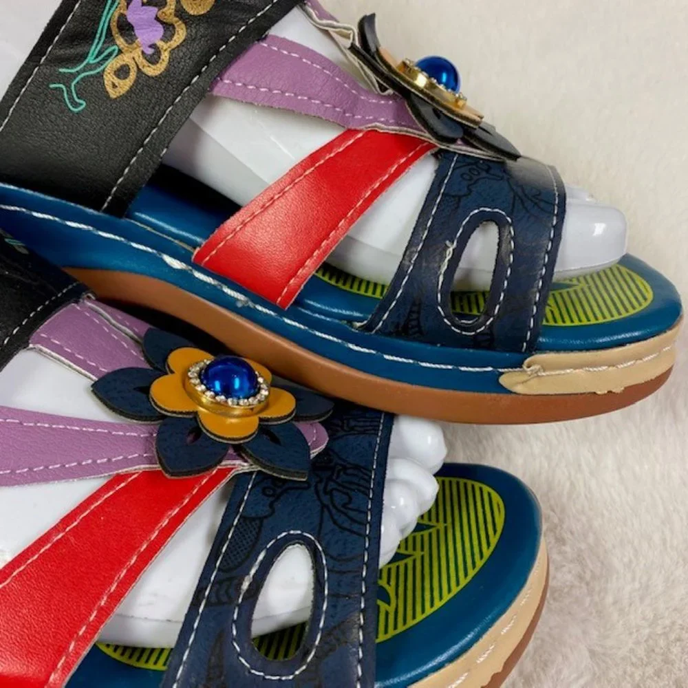 Colorful Hook and Loop‎ Summer Boho Wedge Sandals, size EU 35, US 5